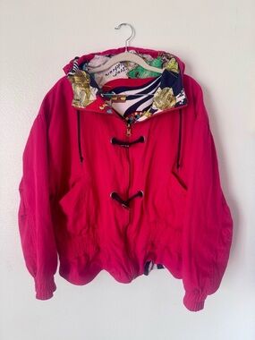 Vtg 90s Mulberry Street Reversible Nautical Map Jacket Red White Size Large EUC
